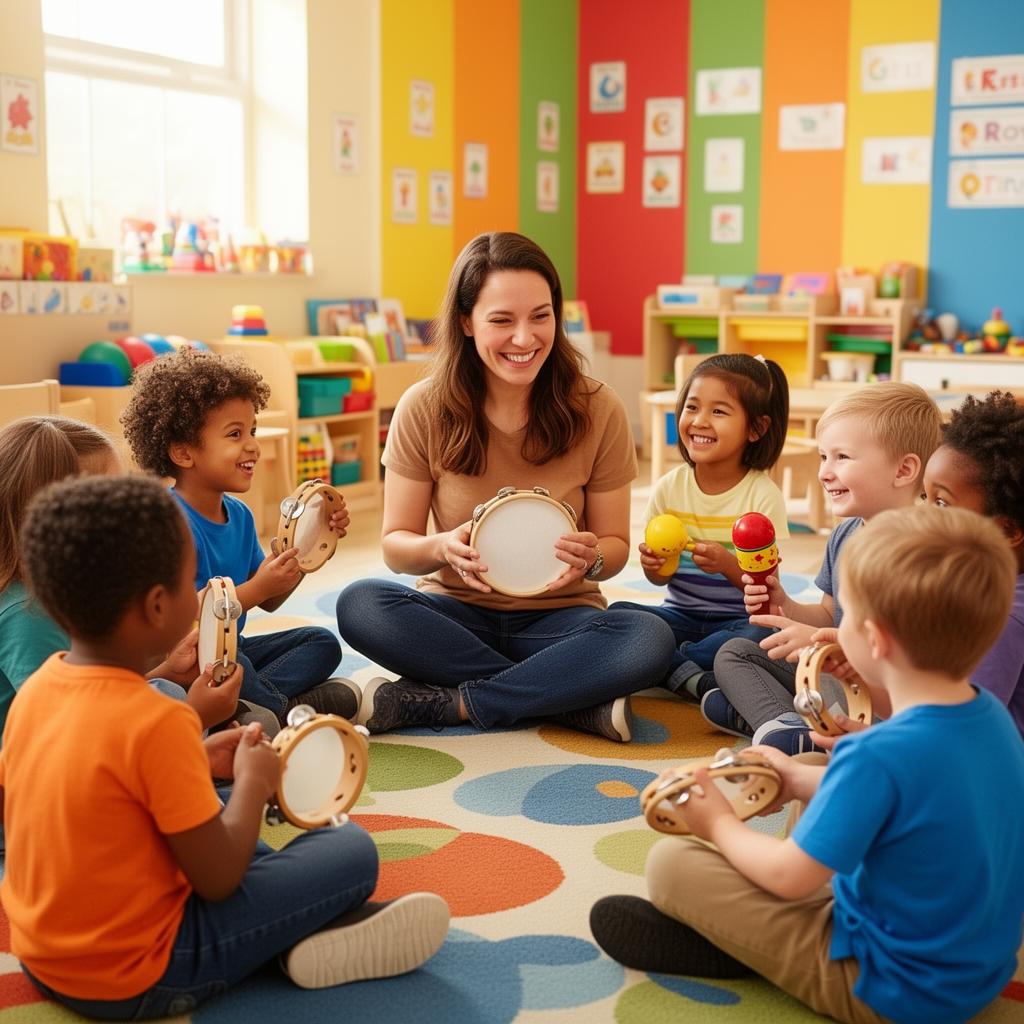Diverse group of young children learning music with a teacher in a colorful classroom